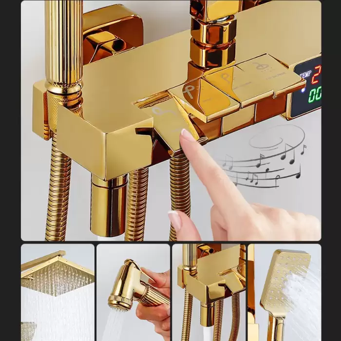 Gold Piano Digital Display Bathroom Shower Set Brass Bathroom Faucet Accessories Thermostatic Digital Bathroom Shower System — image 3
