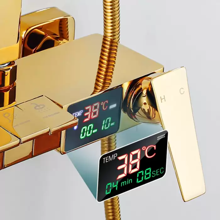 Gold Piano Digital Display Bathroom Shower Set Brass Bathroom Faucet Accessories Thermostatic Digital Bathroom Shower System — image 4
