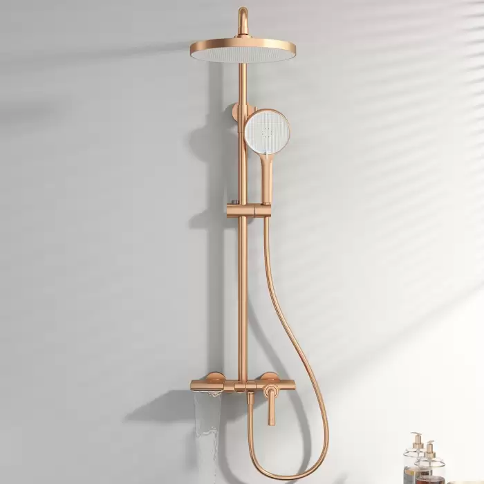Brushed Rose Gold Bathroom Shower System Faucet 12 Inch Round Rainfall Shower Head Quality Brass Hot Cold Bathroom Shower Set — image 2