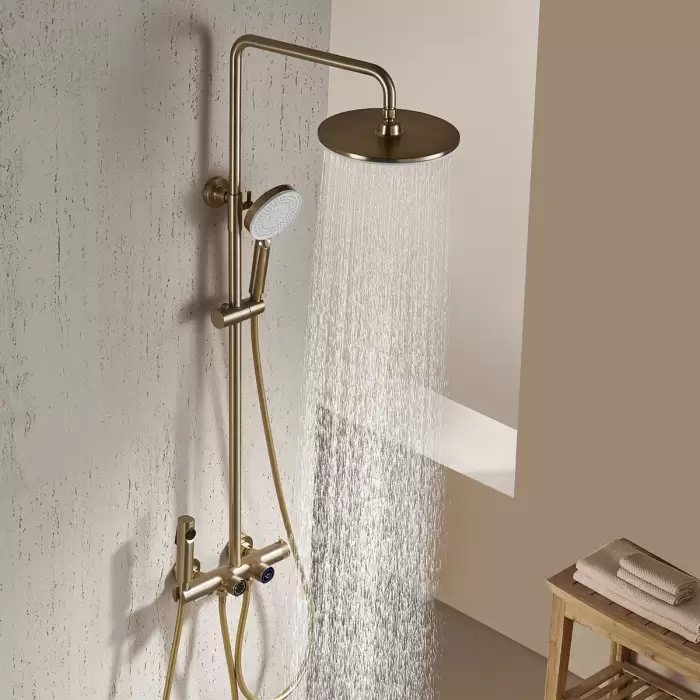 Brushed Gold Digital Bathroom Shower Set 12 Inch Round Rainfall Shower Head Hot Cold Bathroom Faucet Digital Shower System — image 2