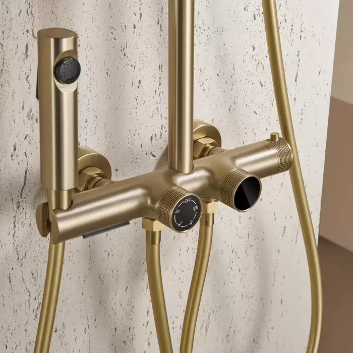 Brushed Gold Digital Bathroom Shower Set 12 Inch Round Rainfall Shower Head Hot Cold Bathroom Faucet Digital Shower System — image 3