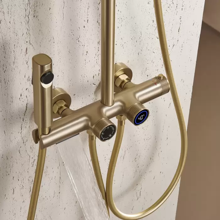 Brushed Gold Digital Bathroom Shower Set 12 Inch Round Rainfall Shower Head Hot Cold Bathroom Faucet Digital Shower System — image 4