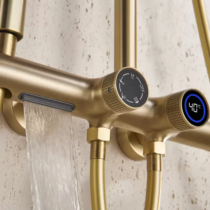 Brushed Gold Digital Bathroom Shower Set 12 Inch Round Rainfall Shower Head Hot Cold Bathroom Faucet Digital Shower System — image 5