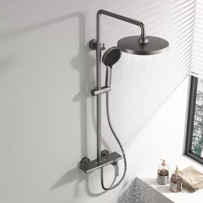 Brushed Gold Waterfall Bathroom Shower System Faucet 12 Inch Rainfall Shower Head Brass Hot Cold Piano Bathroom Shower Set — image 2