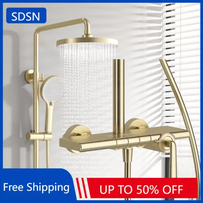 Brushed Gold Waterfall Bathroom Shower System Faucet 12 Inch Rainfall Shower Head Brass Hot Cold Piano Bathroom Shower Set — image 3