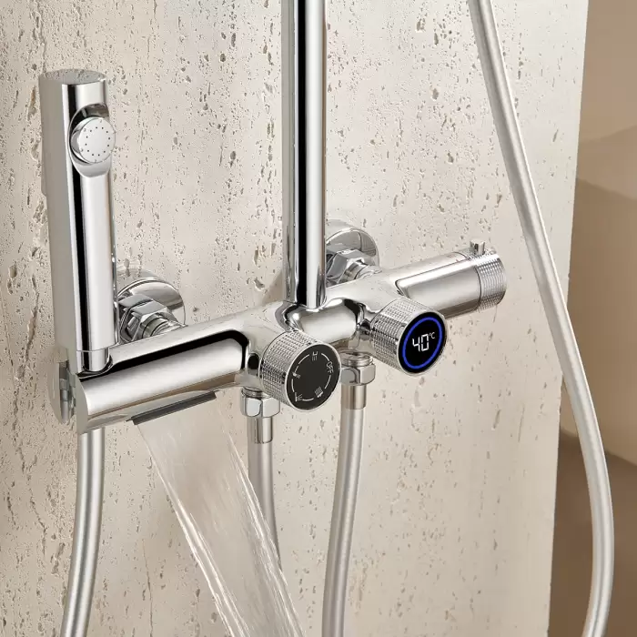 Chrome Waterfall Digital Bathroom Shower Set Brass Hot Cold Waterfall Bathroom Faucet Thermostatic Bathroom Shower System — image 4