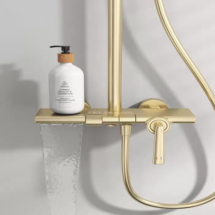 Brushed Gold Waterfall Bathroom Shower System Faucet 12 Inch Rainfall Shower Head Brass Hot Cold Piano Bathroom Shower Set — image 6