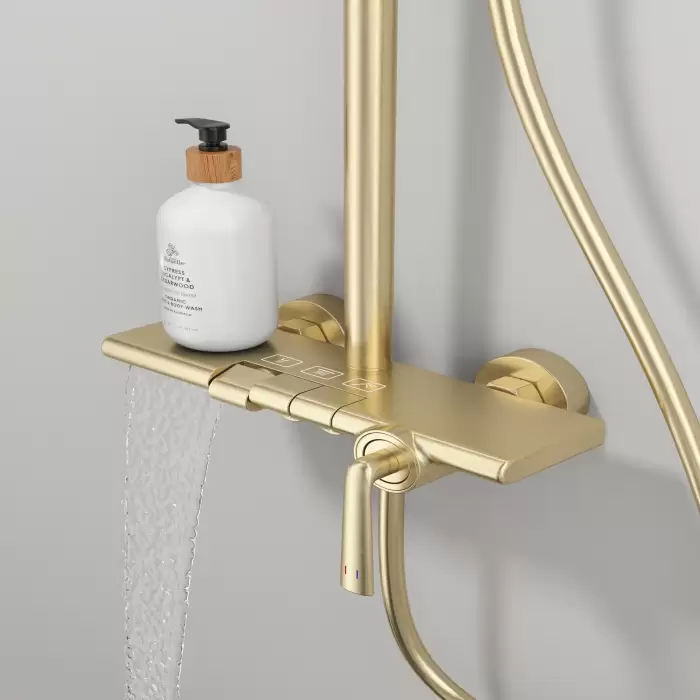 Brushed Gold Waterfall Bathroom Shower System Faucet 12 Inch Rainfall Shower Head Brass Hot Cold Piano Bathroom Shower Set — image 7
