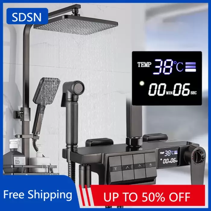 Grey Thermostatic Piano Digital Bathroom Shower Set 12 Inch Rain Shower Head Hot Cold Digital Bathroom Shower Set Accessories — image 3