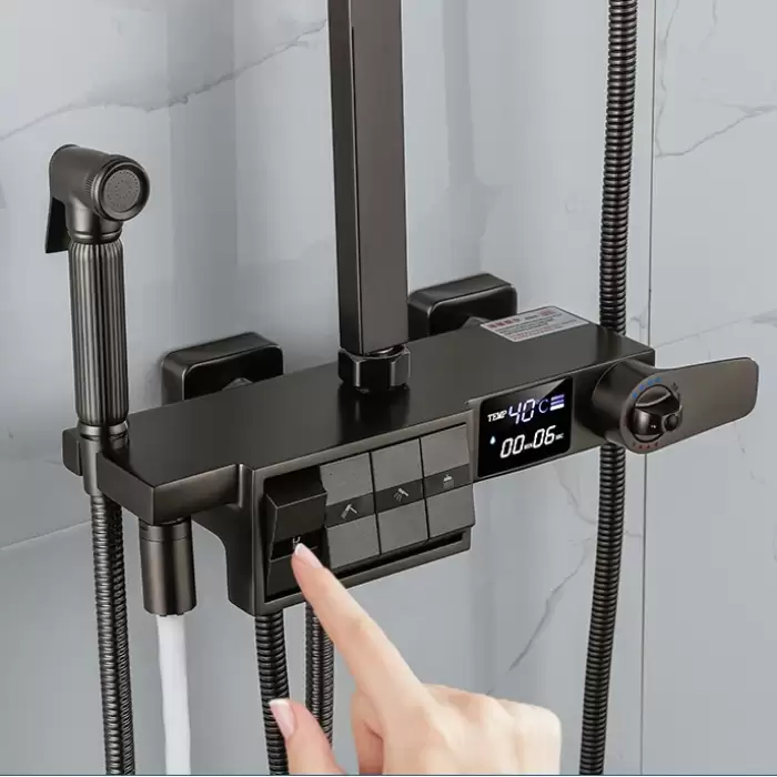 Grey Thermostatic Piano Digital Bathroom Shower Set 12 Inch Rain Shower Head Hot Cold Digital Bathroom Shower Set Accessories — image 4