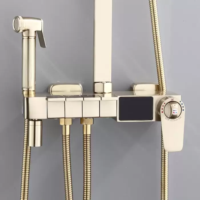 Brushed Gold Thermostatic Digital Bathroom Shower Set 9 Inch Rain Shower Head Hot Cold Bath Faucets Digital Display Shower Set — image 3