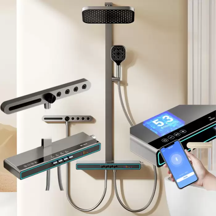 Hot Cold Music Digital Bathroom Shower System Ambient Lighting Bluetooth Speaker Digital Bathroom Shower Set Faucet Accessories — image 2