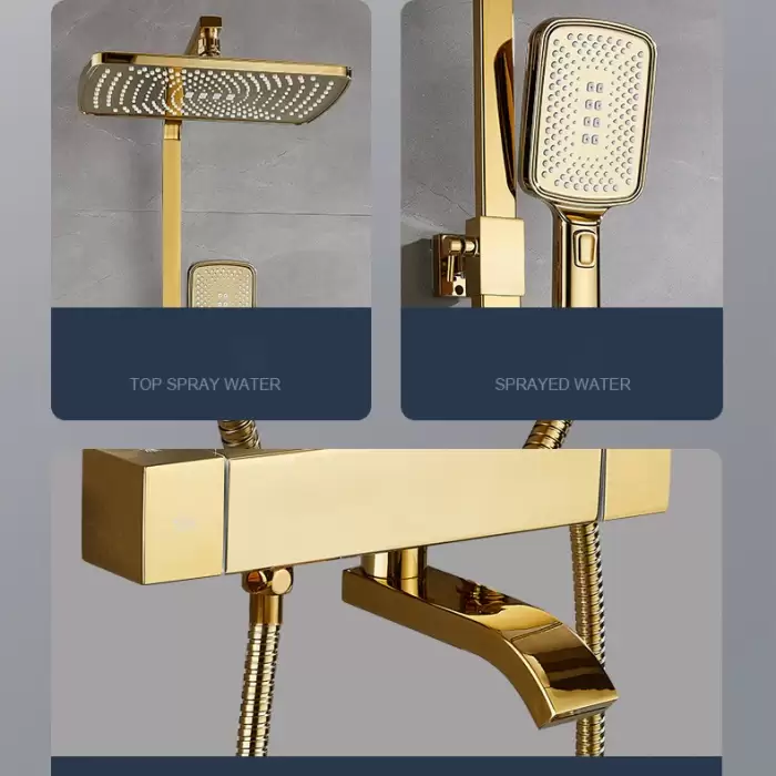 Square Thermostatic Bathroom Shower Set Quality Brass Hot Cold Gold Bathroom Shower System 12 Inch Rain Shower Sprinkler Head — image 3