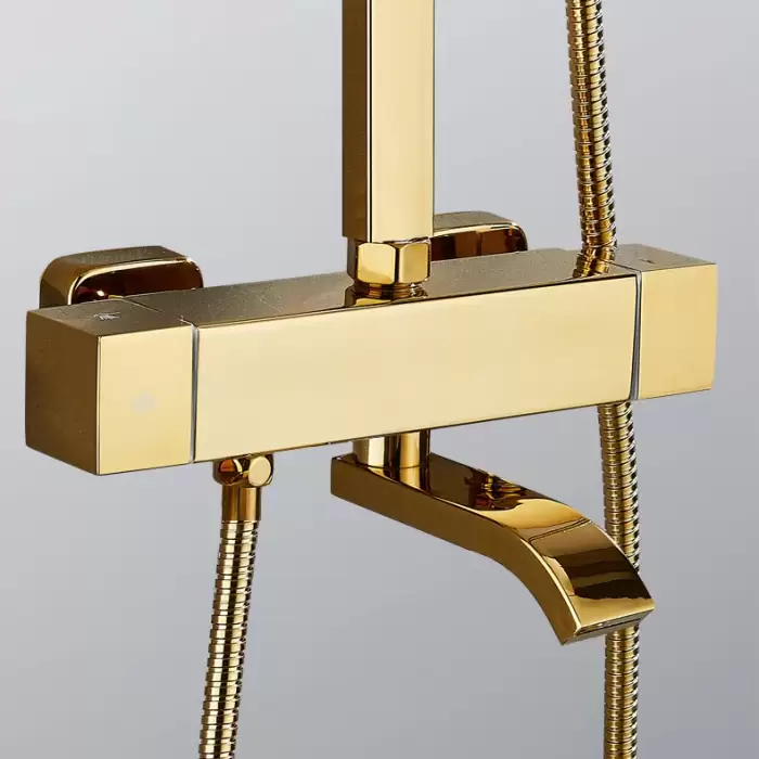 Square Thermostatic Bathroom Shower Set Quality Brass Hot Cold Gold Bathroom Shower System 12 Inch Rain Shower Sprinkler Head — image 4