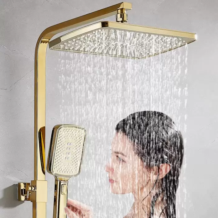 Square Thermostatic Bathroom Shower Set Quality Brass Hot Cold Gold Bathroom Shower System 12 Inch Rain Shower Sprinkler Head — image 5