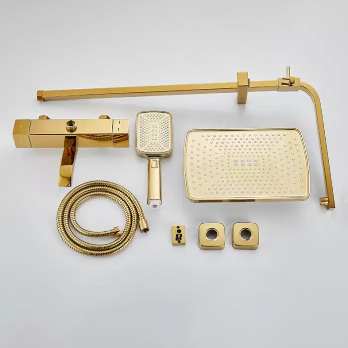 Square Thermostatic Bathroom Shower Set Quality Brass Hot Cold Gold Bathroom Shower System 12 Inch Rain Shower Sprinkler Head — image 6