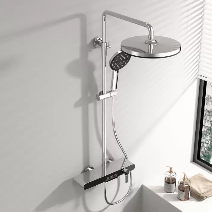 Chrome Piano Bathroom Shower Set Quality Brass Waterfall Bathroom Shower Faucets Head Rose Gold Hot Cold Piano Shower System — image 2