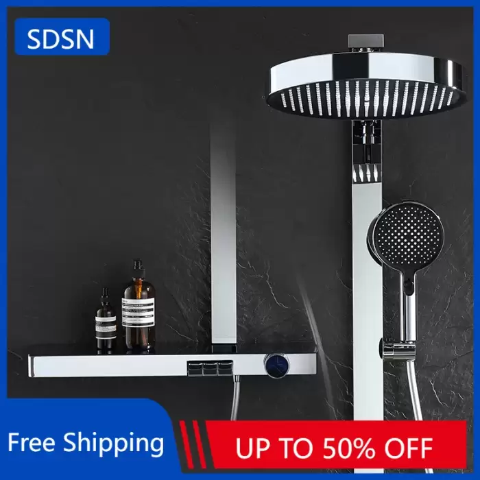 Chrome Digital Piano Bathroom Shower Set 12 Inch Round Rainfall Shower Head Hot Cold Brass Piano Digital Bathroom Shower System — image 3