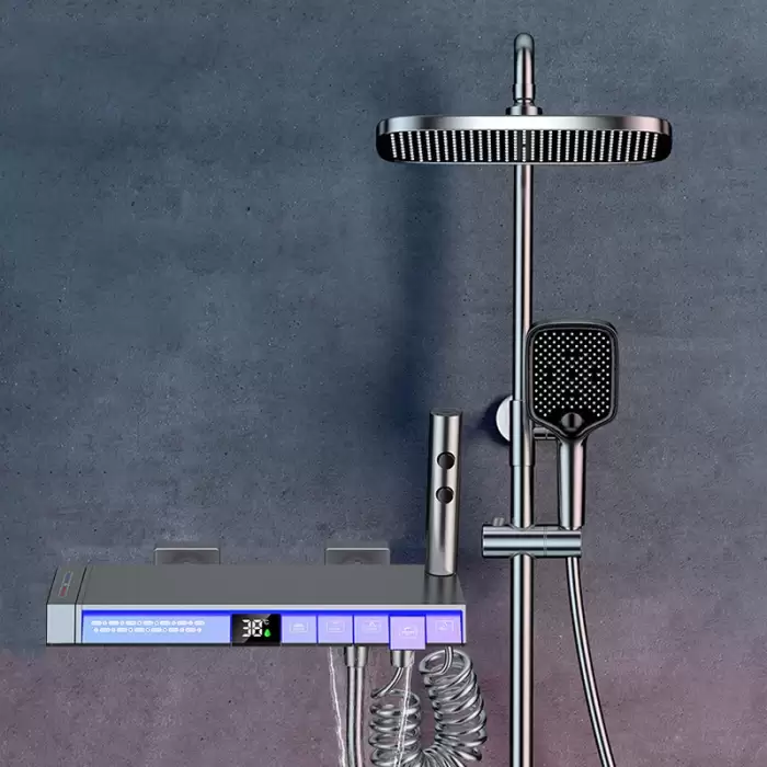 White Thermostatic Digital Piano Bathroom Shower System Faucets Accessories Rainfall Shower Head Hot Cold Digital Shower Set — image 2