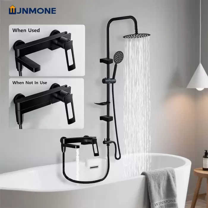 High Quality Solid Brass Bathroom Bathtub Shower Faucet Set Wall Mounted Rainfall Mixer Water Tap Black Split Shower System Kits — image 3