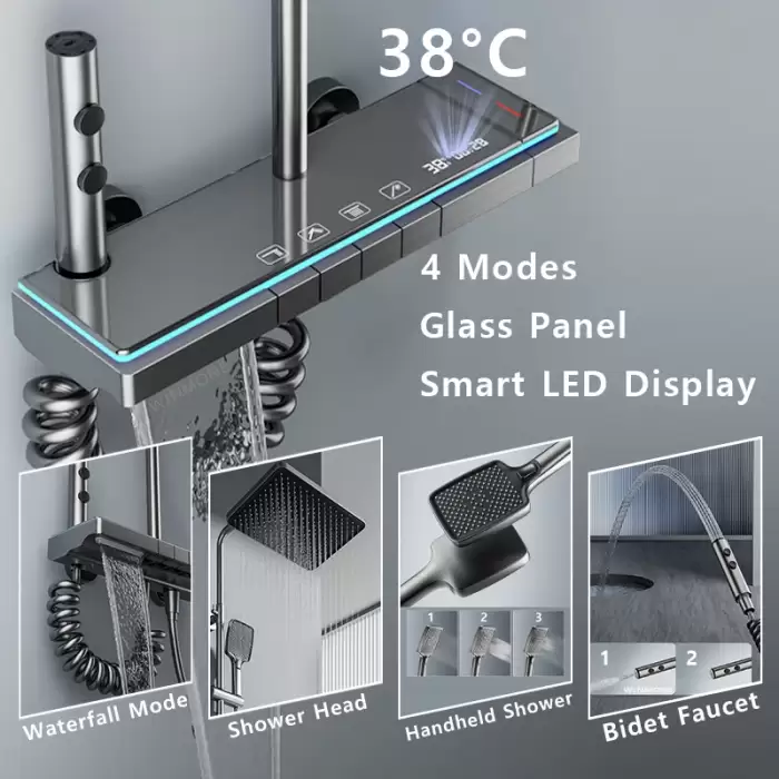 Bathrooms Shower System Set Glass Panel Bathtub Rain LED Display Rainfall Shower Mixer Tap Thermostatic Faucet with Light — image 4