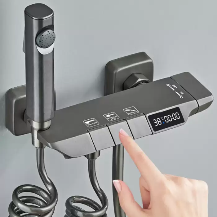Shower System Full Set Grey 2 Way Piano Keys Bathroom Shower Set Wall Mounted Brass Bathtub Digital Display Shower Faucet — image 2