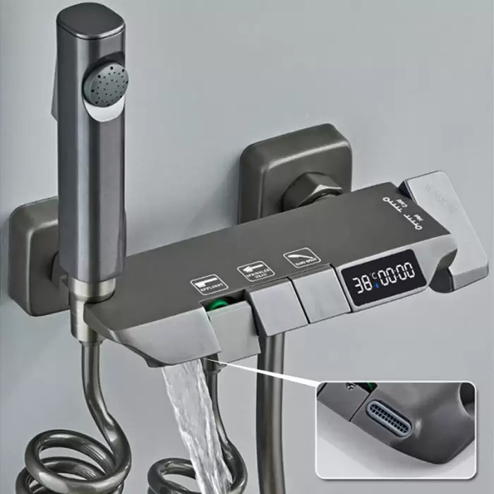 Shower System Full Set Grey 2 Way Piano Keys Bathroom Shower Set Wall Mounted Brass Bathtub Digital Display Shower Faucet — image 3