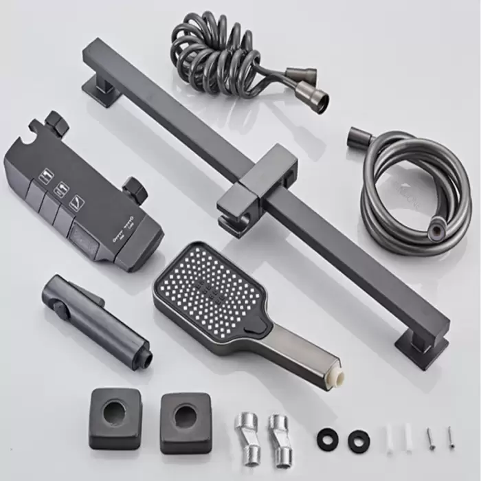 Shower System Full Set Grey 2 Way Piano Keys Bathroom Shower Set Wall Mounted Brass Bathtub Digital Display Shower Faucet — image 7