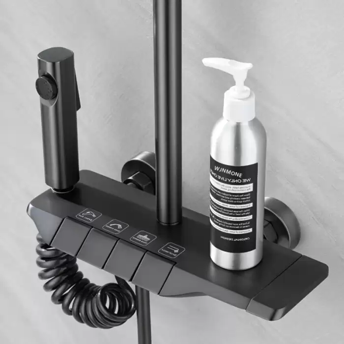 Black Bathroom Shower Set Piano Keys ABS Anti-rust Shower System Sets Wall Mounted Bathtub Hot and Cold Mixer Rain Shower Faucet — image 8