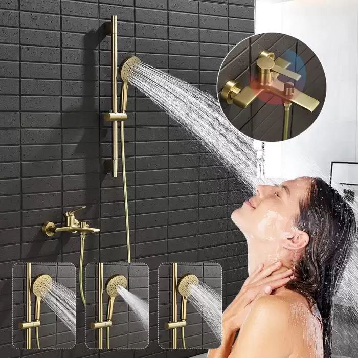 Split Bathroom Faucet Brass Bath Triple Shower Faucet System Wall Mounted Bathtub Shower Set Hot Cold Mixer Water Taps — image 3