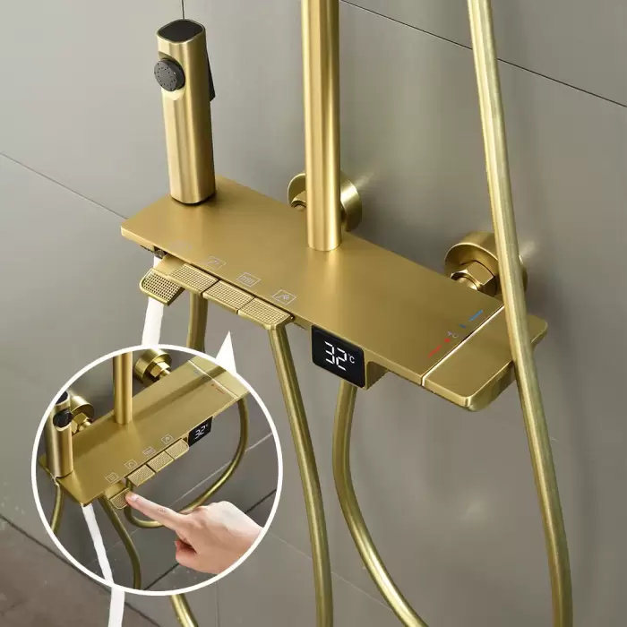 Luxury Brushed Gold LED Display Bathroom Faucet 4 Ways Rainfall Bathtub Shower System Solid Brass Mixer Tap Shower Faucet Set — image 2