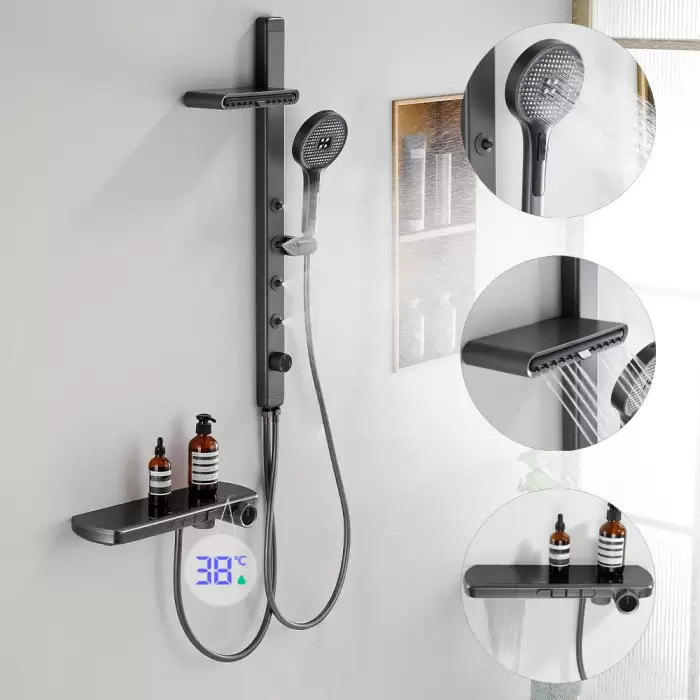 Modern High End Rain Shower System Back SPA Massage Jet Tap Smart Thermostatic LED Display Waterfall Bathroom Faucet Showers Set — image 2