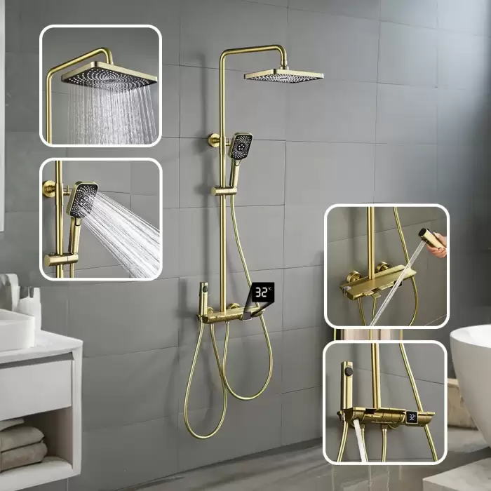 Luxury Brushed Gold LED Display Bathroom Faucet 4 Ways Rainfall Bathtub Shower System Solid Brass Mixer Tap Shower Faucet Set — image 3