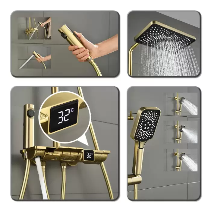 Luxury Brushed Gold LED Display Bathroom Faucet 4 Ways Rainfall Bathtub Shower System Solid Brass Mixer Tap Shower Faucet Set — image 4