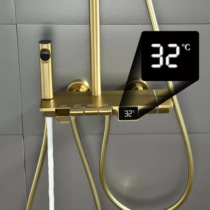Luxury Brushed Gold LED Display Bathroom Faucet 4 Ways Rainfall Bathtub Shower System Solid Brass Mixer Tap Shower Faucet Set — image 5