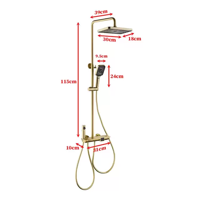 Luxury Brushed Gold LED Display Bathroom Faucet 4 Ways Rainfall Bathtub Shower System Solid Brass Mixer Tap Shower Faucet Set — image 7
