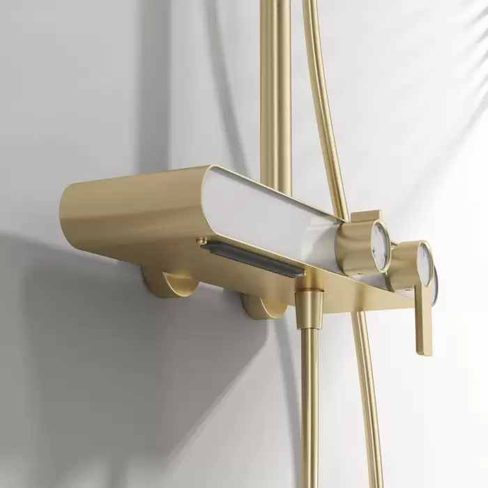 Square Brushed Gold Bathroom Shower System Faucet 12 Inch Round Rain Shower Head Brass Hot Cold Waterfall Bathroom Shower Set — image 3