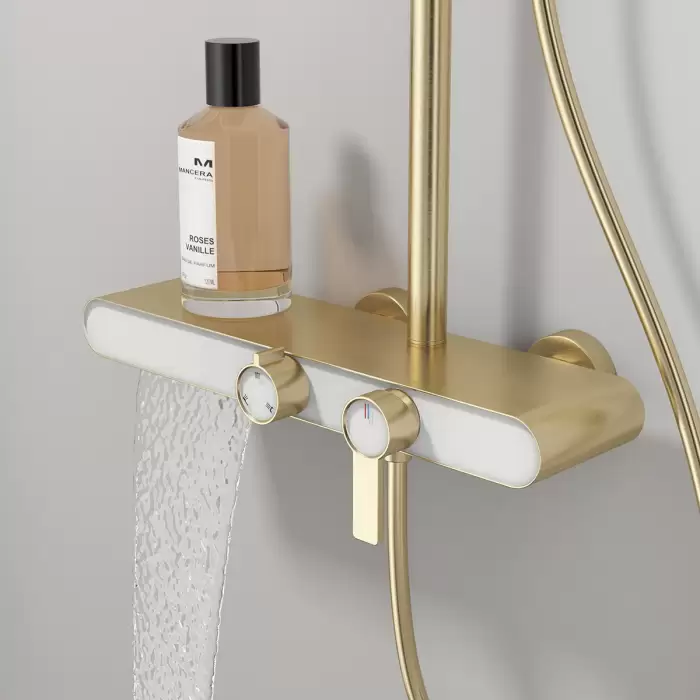 Square Brushed Gold Bathroom Shower System Faucet 12 Inch Round Rain Shower Head Brass Hot Cold Waterfall Bathroom Shower Set — image 4