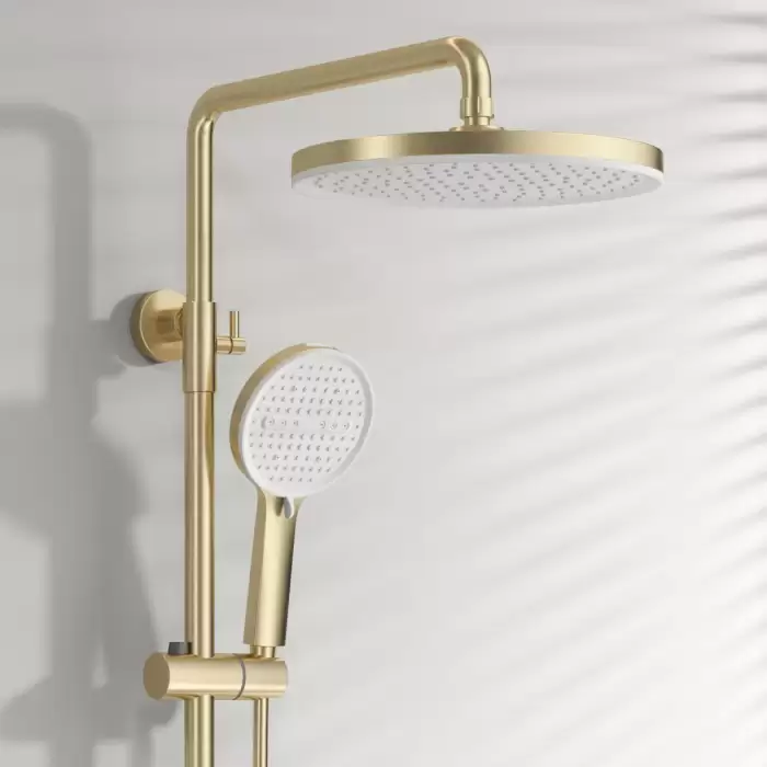 Square Brushed Gold Bathroom Shower System Faucet 12 Inch Round Rain Shower Head Brass Hot Cold Waterfall Bathroom Shower Set — image 5