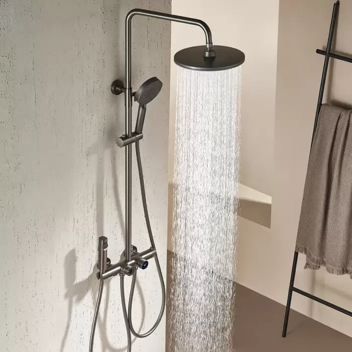 Waterfall Digital Bathroom Shower System Faucets 12 Inch Round Rainfall Shower Head Grey Hot Cold Digital Bathroom Shower Set — image 2