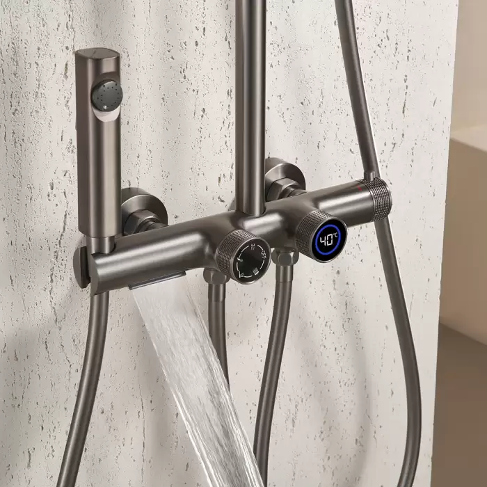 Waterfall Digital Bathroom Shower System Faucets 12 Inch Round Rainfall Shower Head Grey Hot Cold Digital Bathroom Shower Set — image 3