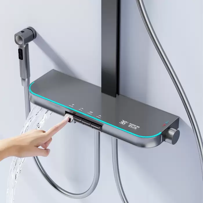 Ambient Lighting Piano Digital Bathroom Shower Set 12 Inch Rainfall Shower Head Hot Cold Digital Piano Bathroom Shower System — image 5