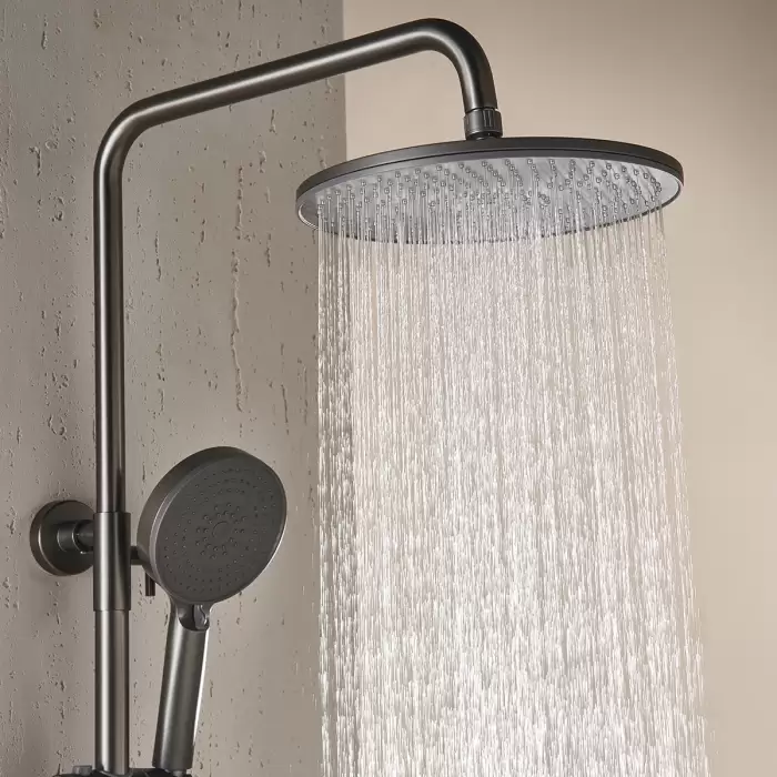 Waterfall Digital Bathroom Shower System Faucets 12 Inch Round Rainfall Shower Head Grey Hot Cold Digital Bathroom Shower Set — image 7