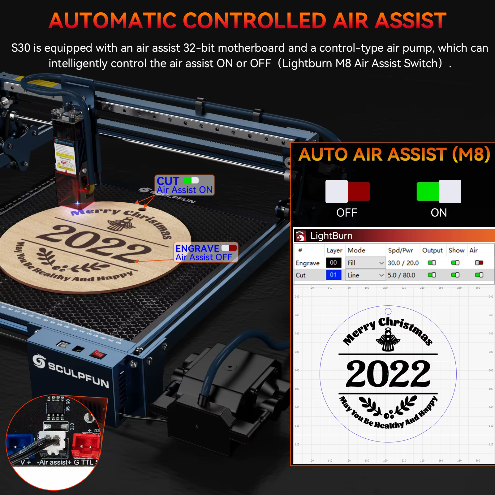 SCULPFUN S30 5W Automatic Controlled Air Assist Wood Leather Metal Acrylic Engraver Printer Cutting Laser Engraving Machine — image 5