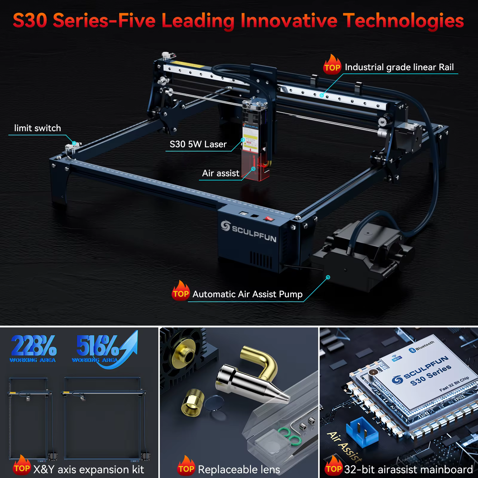 SCULPFUN S30 Desktop DIY Lazer Engraving and Cutting Automatic Air-assist System Laser Engraver Machines — image 2