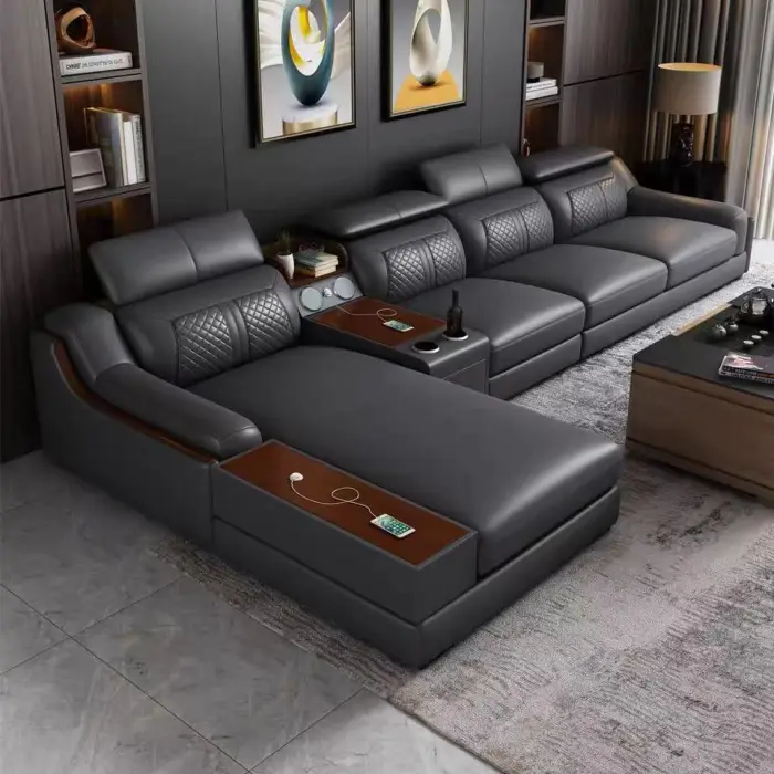 Italian Modern Multifunctional Sofa Light Luxury Leather Sectional Sofa Couch with USB Charging and bluetooth Speaker — image 3