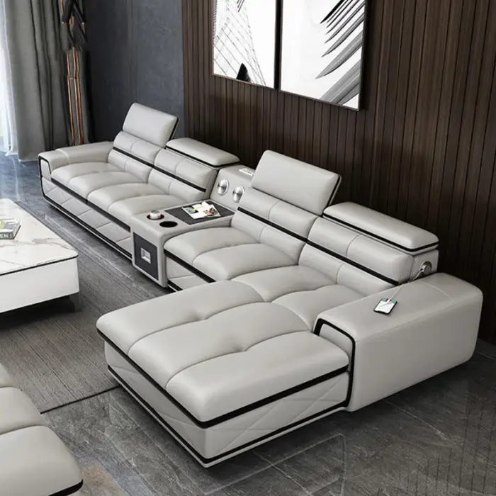 Luxury Furniture Sofa Set Modern Multifunction Furniture Living Room Sofa Set with Charging and Speaker Leather Sofa — image 2