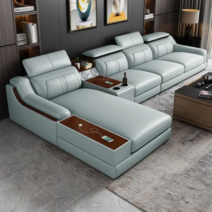Italian Modern Multifunctional Sofa Light Luxury Leather Sectional Sofa Couch with USB Charging and bluetooth Speaker — image 4