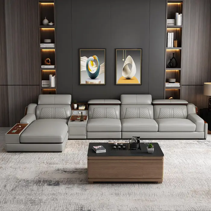 Italian Modern Multifunctional Sofa Light Luxury Leather Sectional Sofa Couch with USB Charging and bluetooth Speaker — image 6
