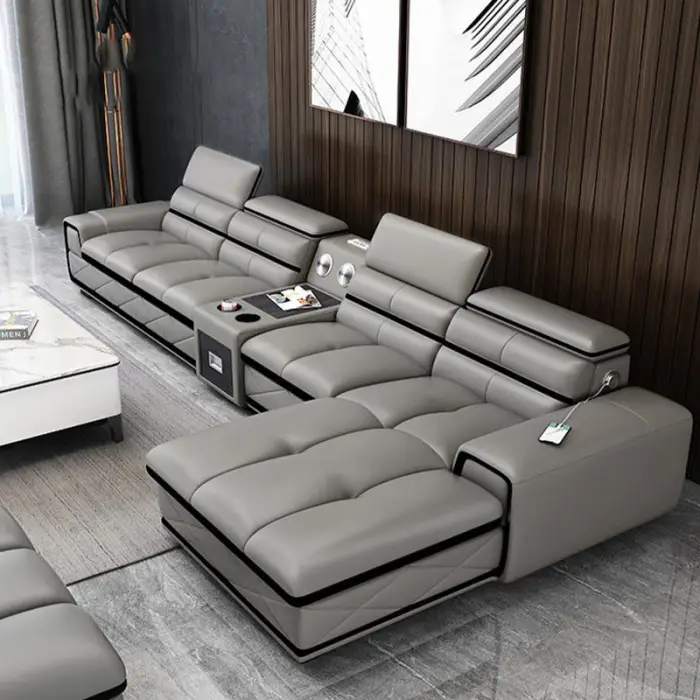 Luxury Furniture Sofa Set Modern Multifunction Furniture Living Room Sofa Set with Charging and Speaker Leather Sofa — image 3
